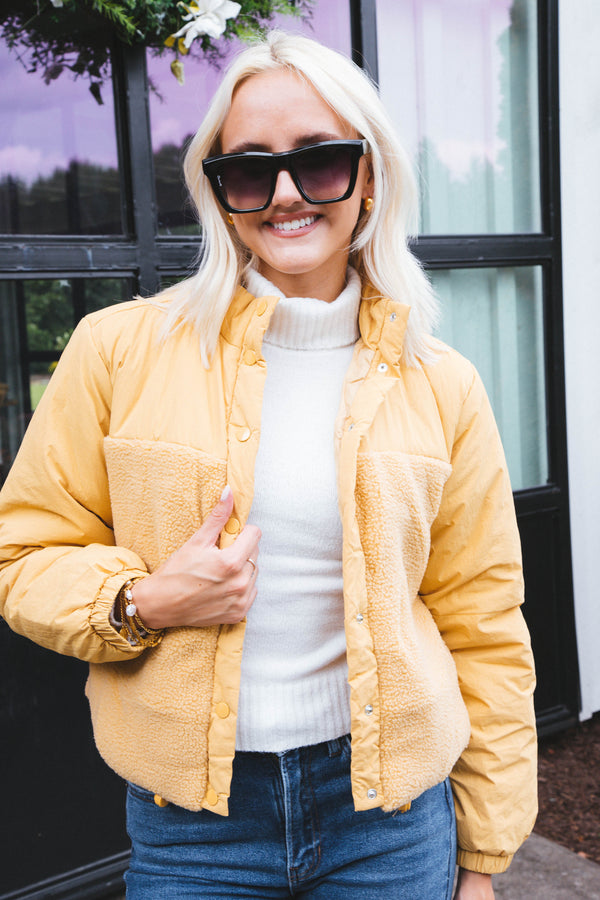 Looked For You Contrast Teddy Jacket, Mustard | Sadie & Sage