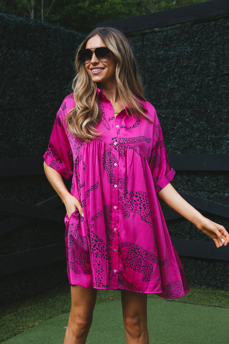 Jada Leopard Satin Dress, Hot Pink | Extended Sizes