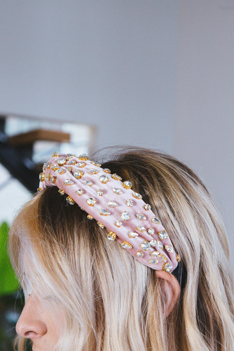 Velvet Jeweled Top Knot Headband, Dusty Pink