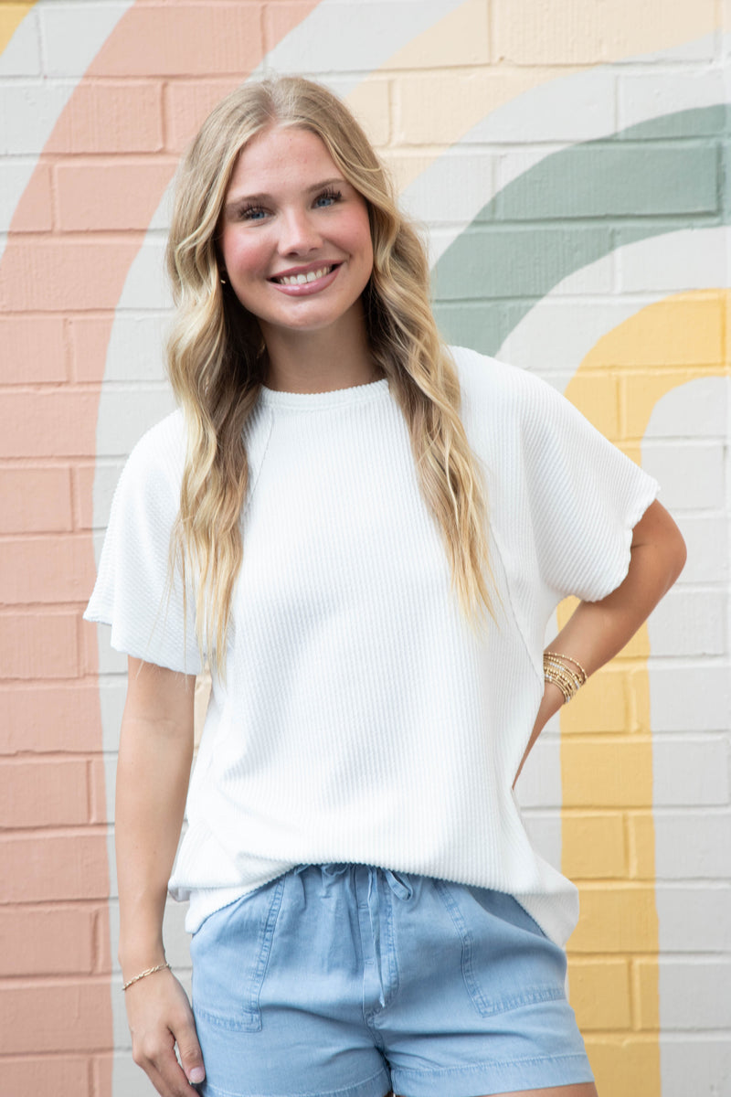 Lila Dolman Sleeve Ribbed Top, Ivory