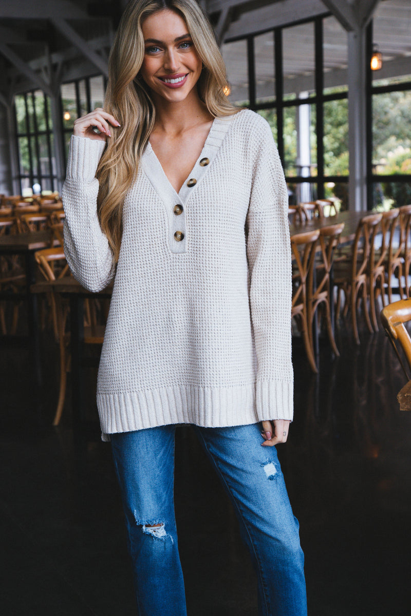 Cierra Button Neckline Sweater, Oatmeal