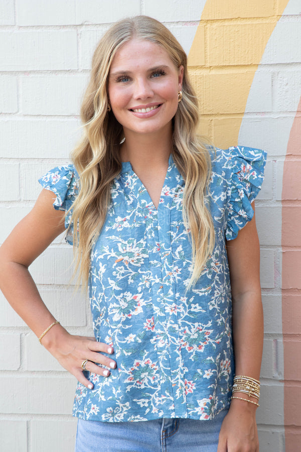 Layla Floral Ruffle Sleeve Blouse, Denim Blue
