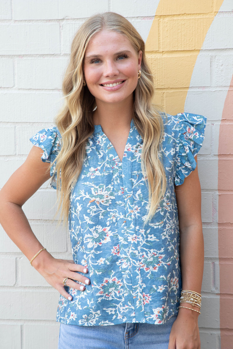 Layla Floral Ruffle Sleeve Blouse, Denim Blue