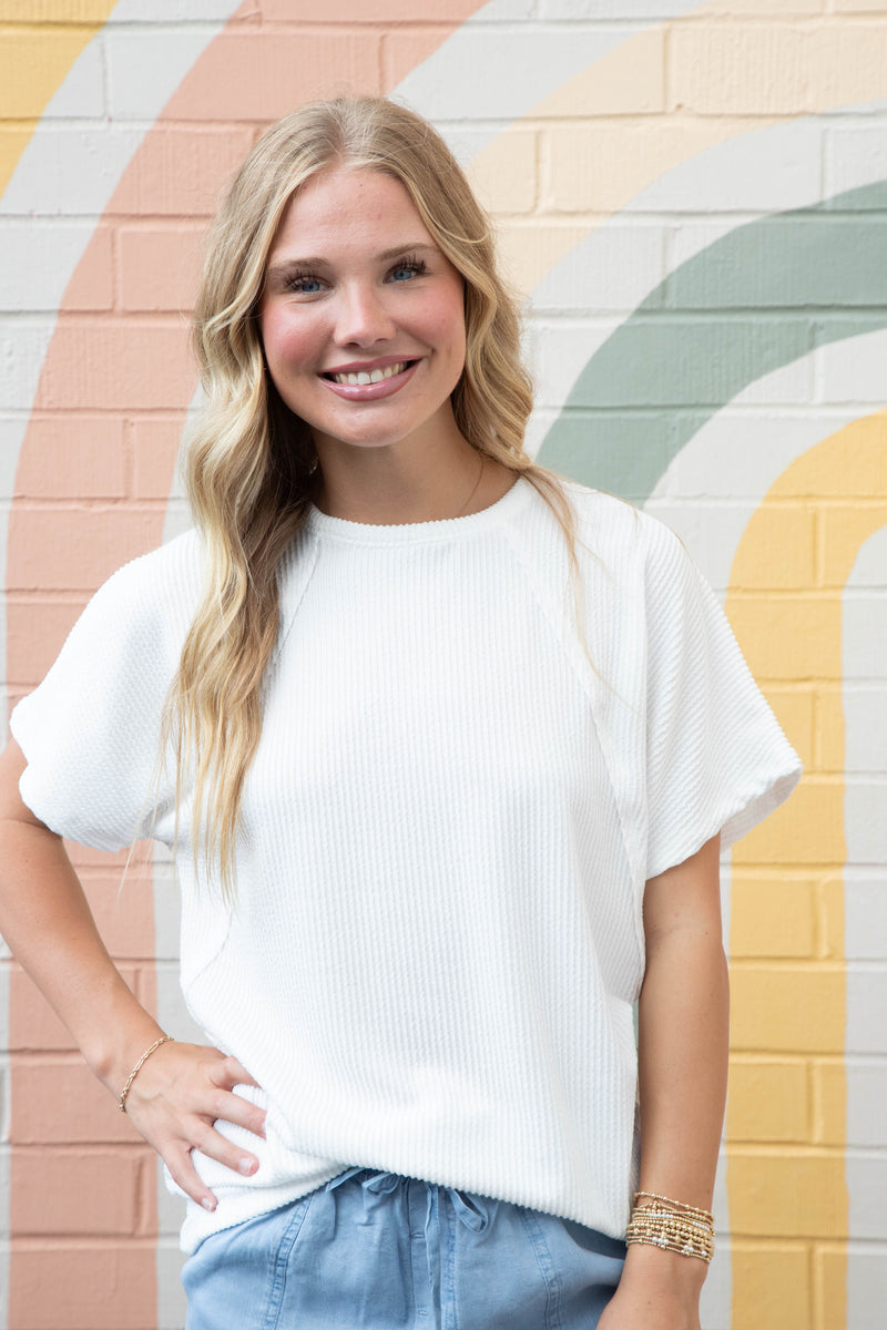 Lila Dolman Sleeve Ribbed Top, Ivory