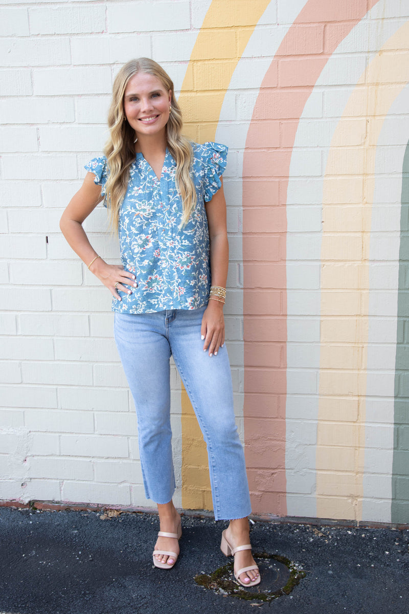 Layla Floral Ruffle Sleeve Blouse, Denim Blue