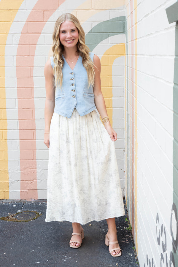 Elliana Denim Button Down Vest, Light Denim