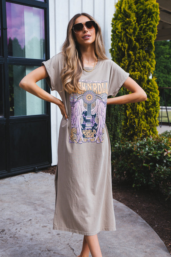 Rock N Roll T-Shirt Dress, Khaki