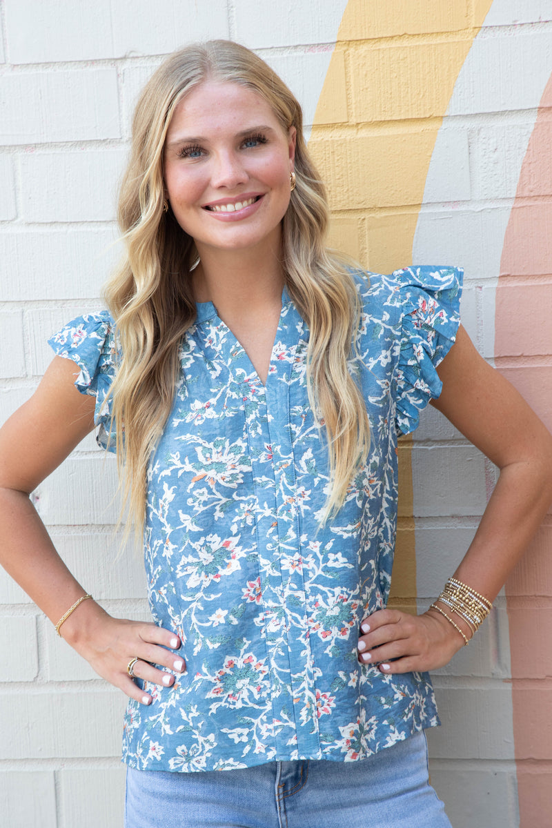 Layla Floral Ruffle Sleeve Blouse, Denim Blue