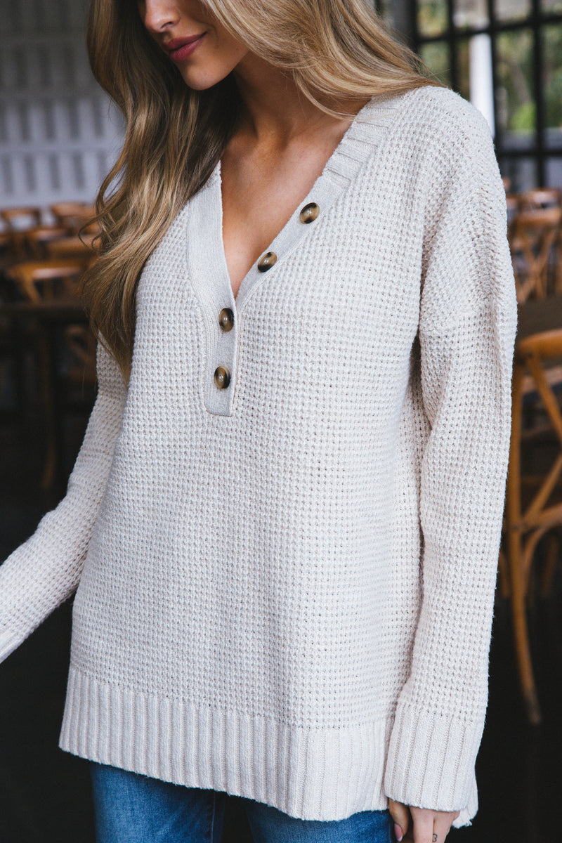 Cierra Button Neckline Sweater, Oatmeal