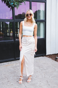 Gemma Satin Cargo Maxi Skirt, Cream