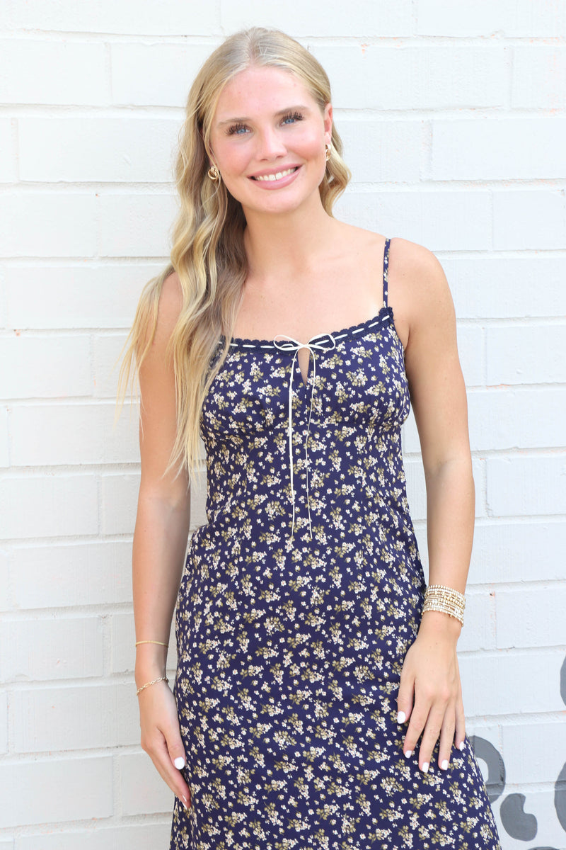 Angela Floral Lace Trim Midi Dress, Navy Multi North & Main Clothing Company Angela Floral Lace Trim Midi Dress, Navy Multi North & Main Clothing Company