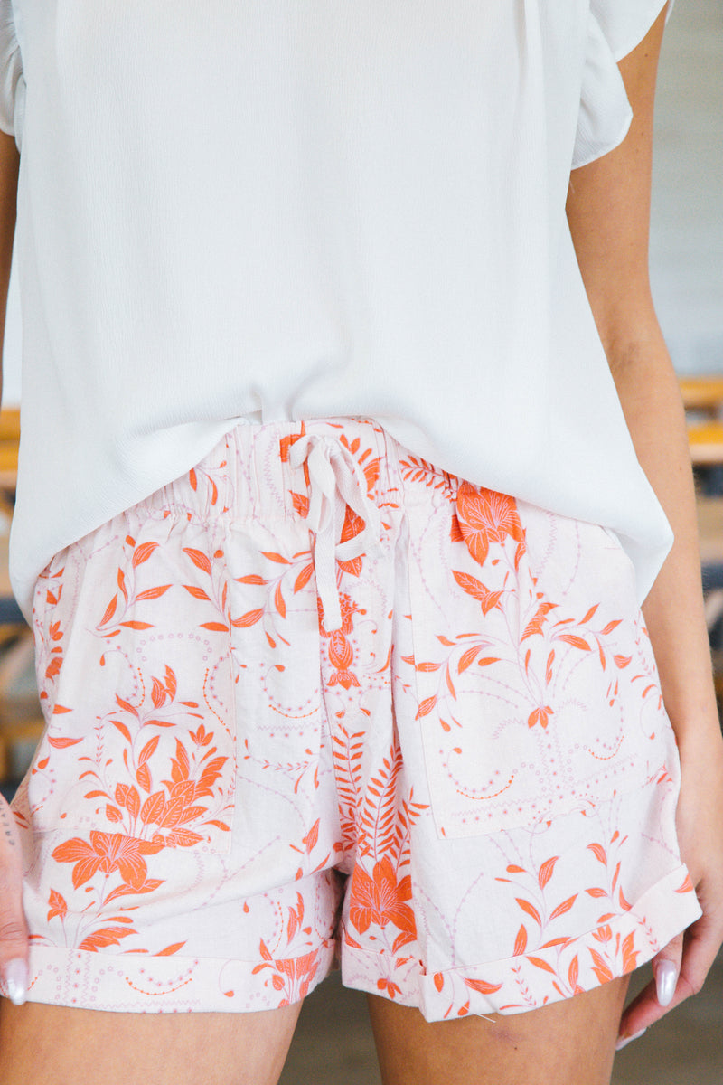 Lyra Printed Shorts, Pink/Orange | Velvet Heart