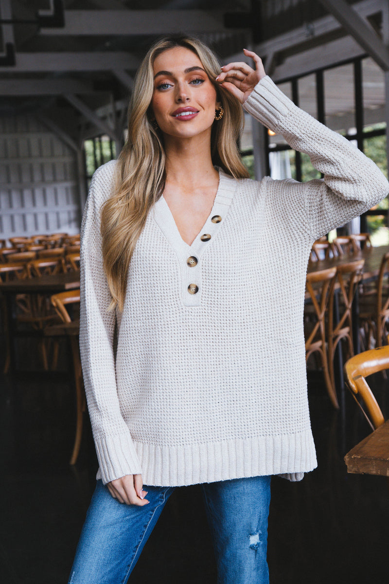 Cierra Button Neckline Sweater, Oatmeal