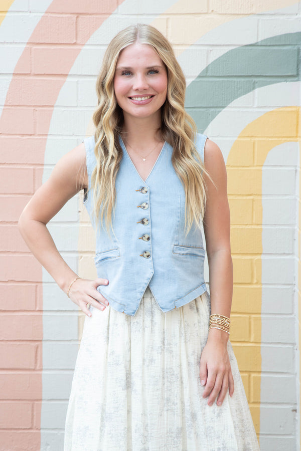 Elliana Denim Button Down Vest, Light Denim