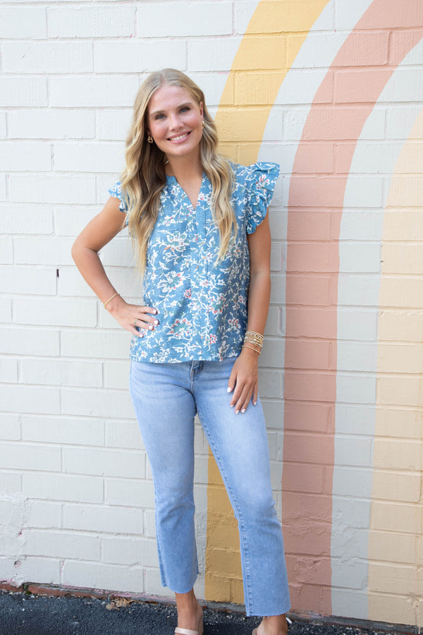 Layla Floral Ruffle Sleeve Blouse, Denim Blue