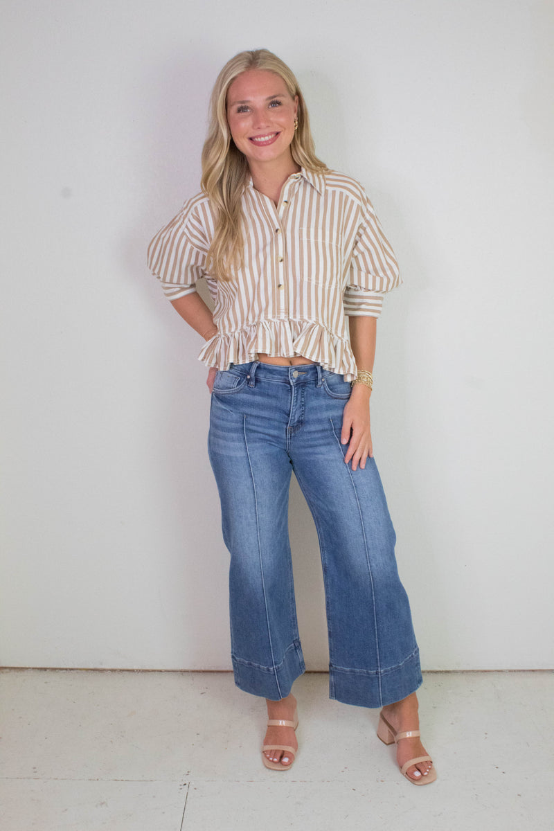 Bailey Stripe Ruffle Hem Shirt, Neutral Combo | Free People