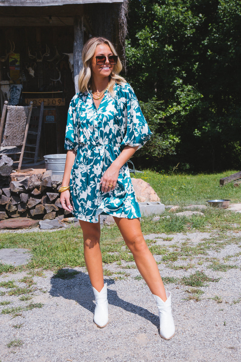 Dorian Satin Mini Dress, Teal Green