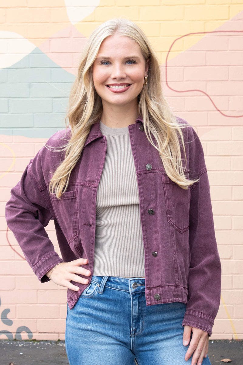 Audrey Button Down Denim Jacket, Cherry Lacquer
