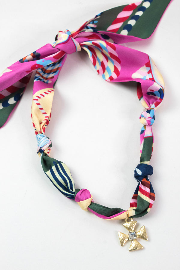 Capri Maltese Cross Scarf Necklace, Pink Multi | Nora James Jewelry
