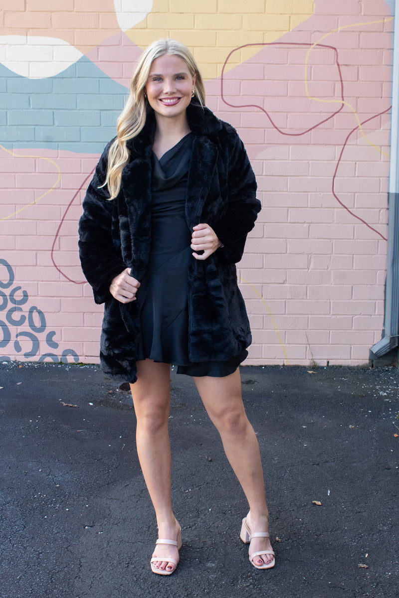 Ayla Faux Fur Collared Long Coat, Black