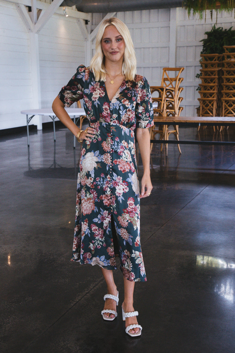 Moment In Time Floral Midi Dress, Pine/Multi