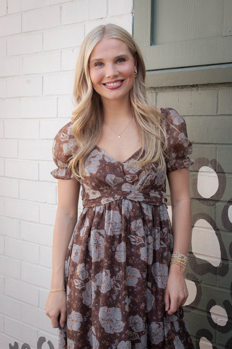 Joy Floral Sweetheart Midi Dress, Brown Multi