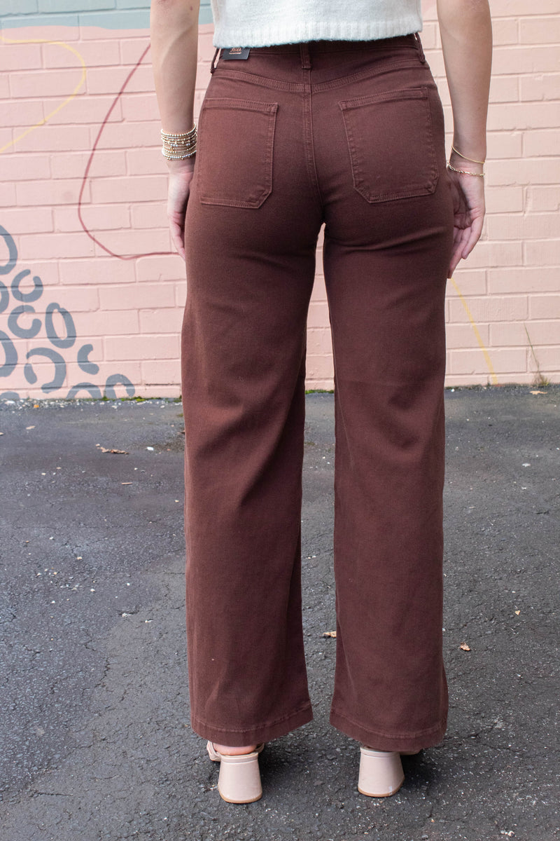 Leah Patch Pocket Wide Leg Jeans, Dark Brown