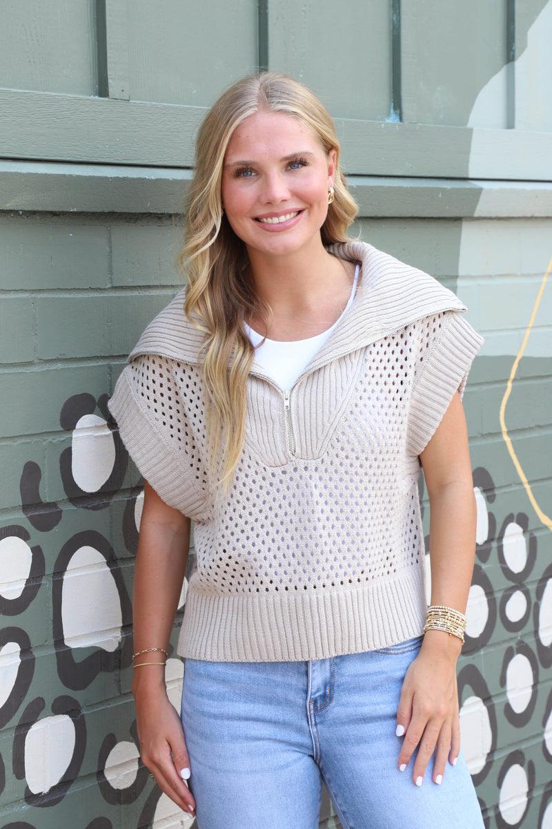 Evangeline Collared Half Zip Sweater Vest, Stone
