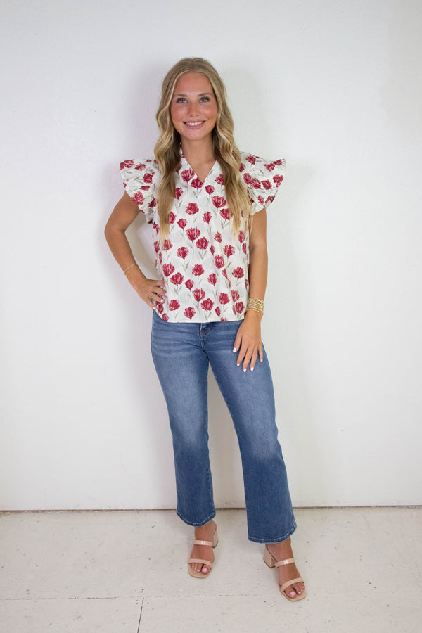 Diana Ruffled Sleeve Floral Top, Red