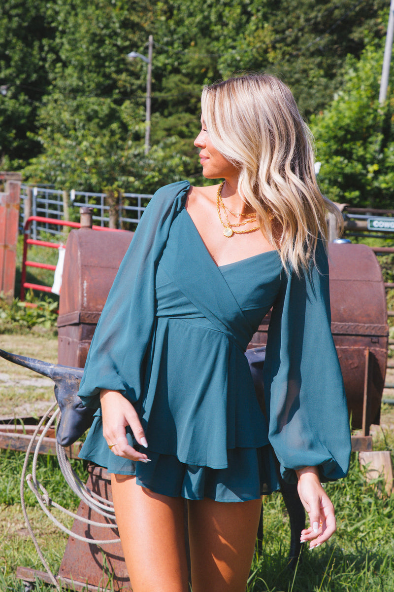 Lenny Long Sleeve Romper, Teal