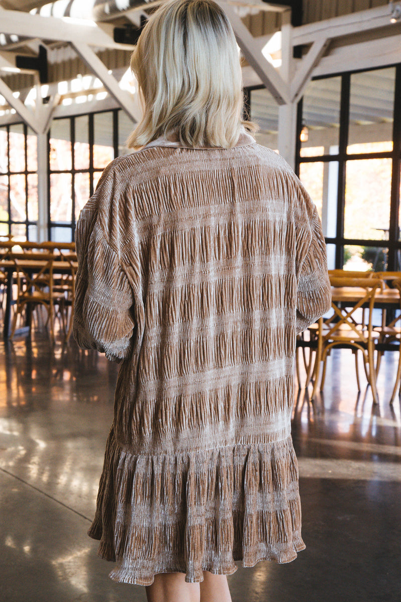 Lana Crinkle Velvet Shirt Dress, Taupe