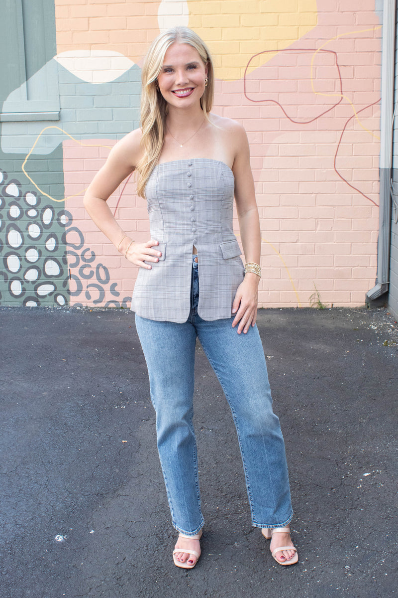 Juniper Plaid Strapless Button Detail Top, Light Taupe Multi