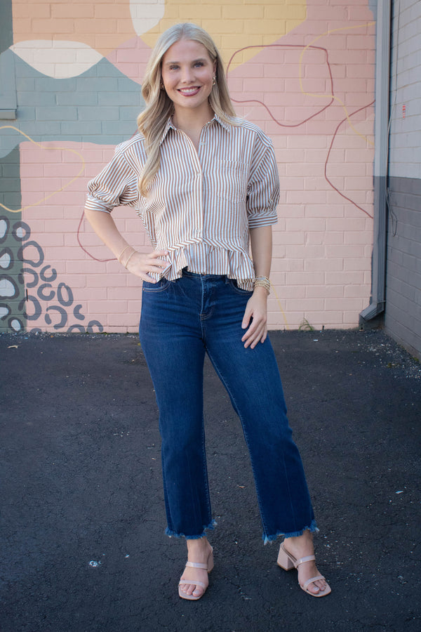 Indie Striped Ruffle Hem Button Up Top, Brown