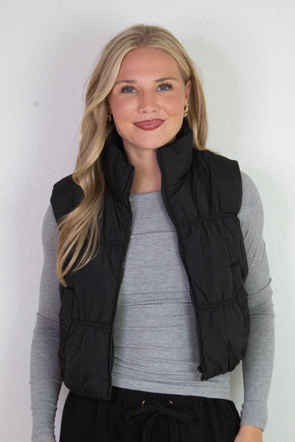 Martha Zip Up Cropped Puffer Vest, Black