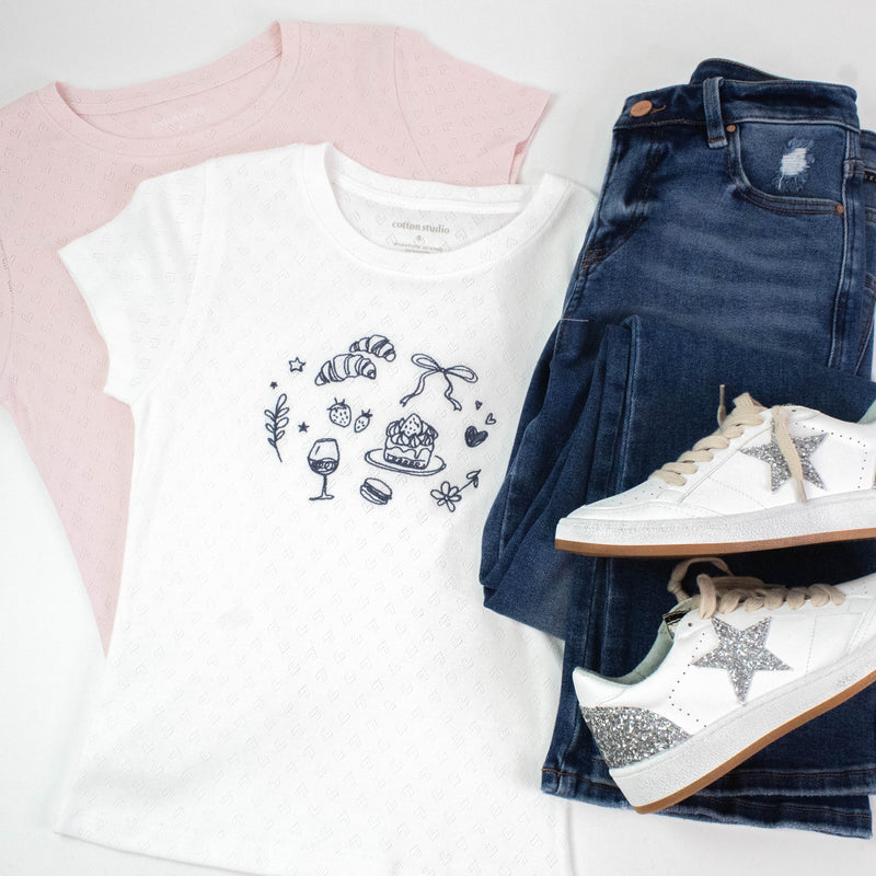 Girl Brunch Heart Pointelle Baby Tee, Off White