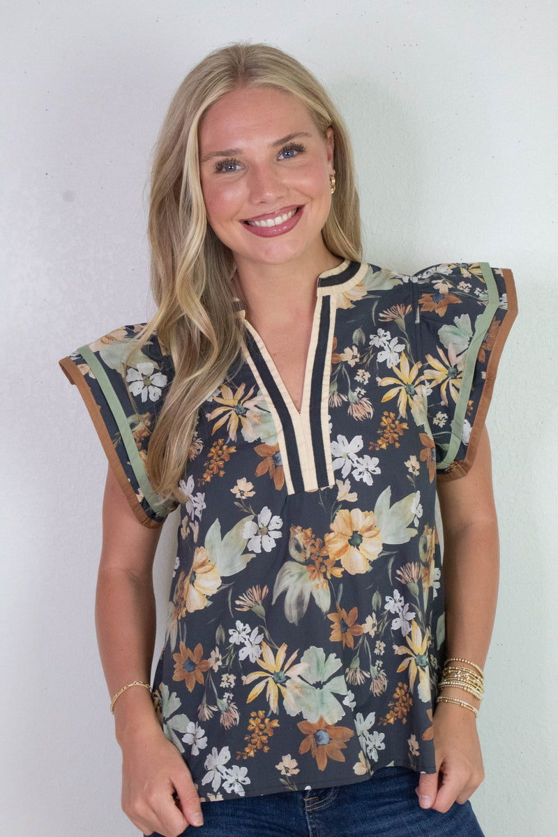 Flora Contrast Stripe V-Neck Top, Charcoal