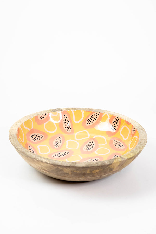 Large Enameled Mango Wood Bowl, Yellow