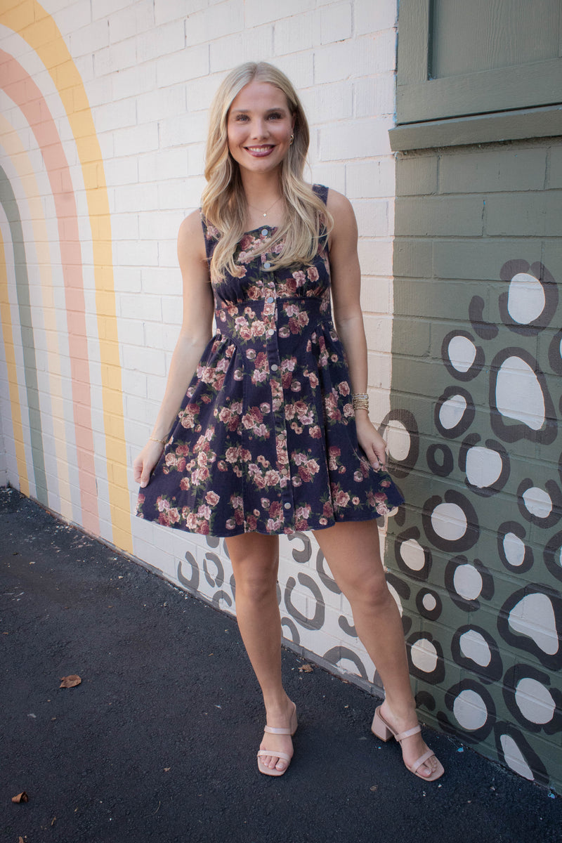 Opal Stone Washed Floral Denim Dress, Navy