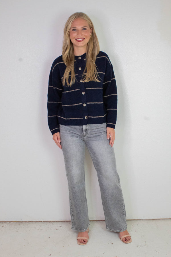 Jade Thin Stripe Button Down Cardigan, Navy