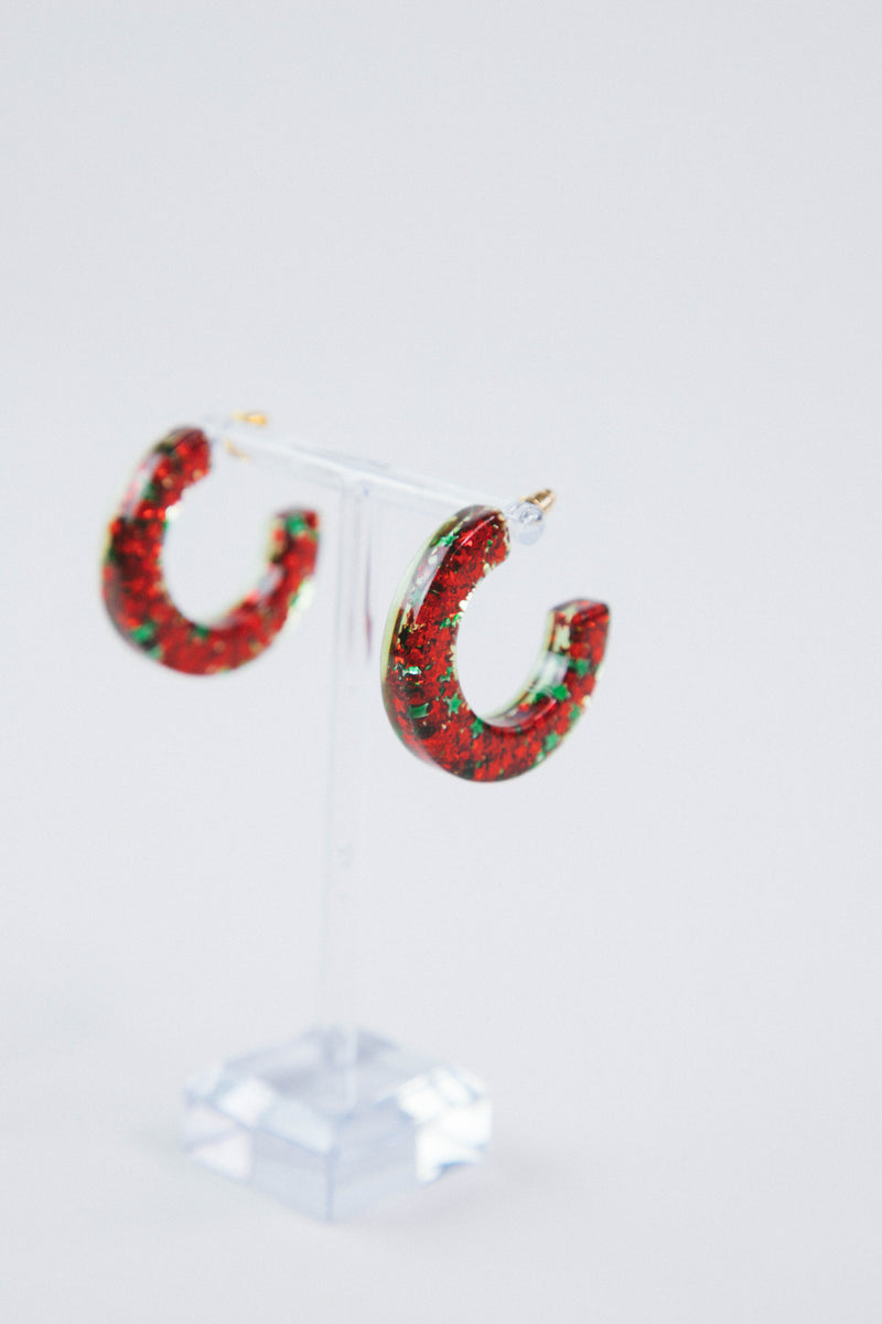 Zoie Glitter Star Hoop Earring, Red/Green