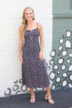 Angela Floral Lace Trim Midi Dress, Navy Multi
