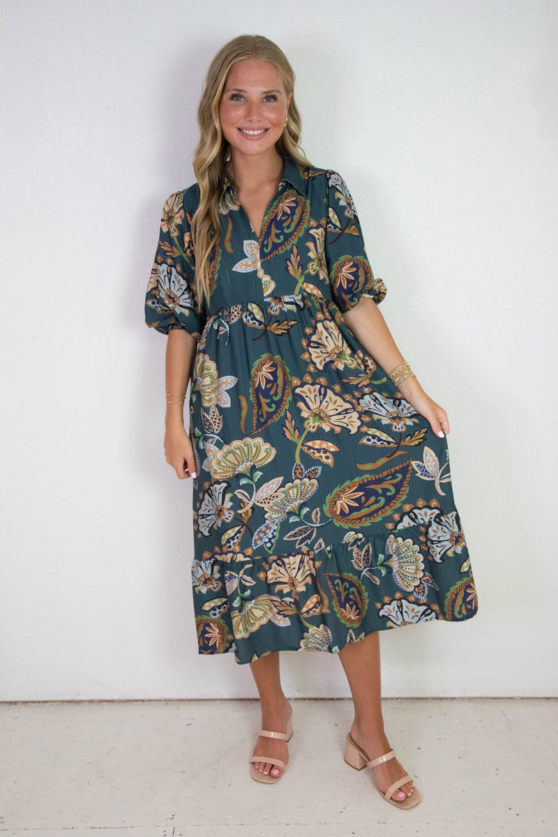 Reese Printed Half Sleeve Midi Dress, Teal