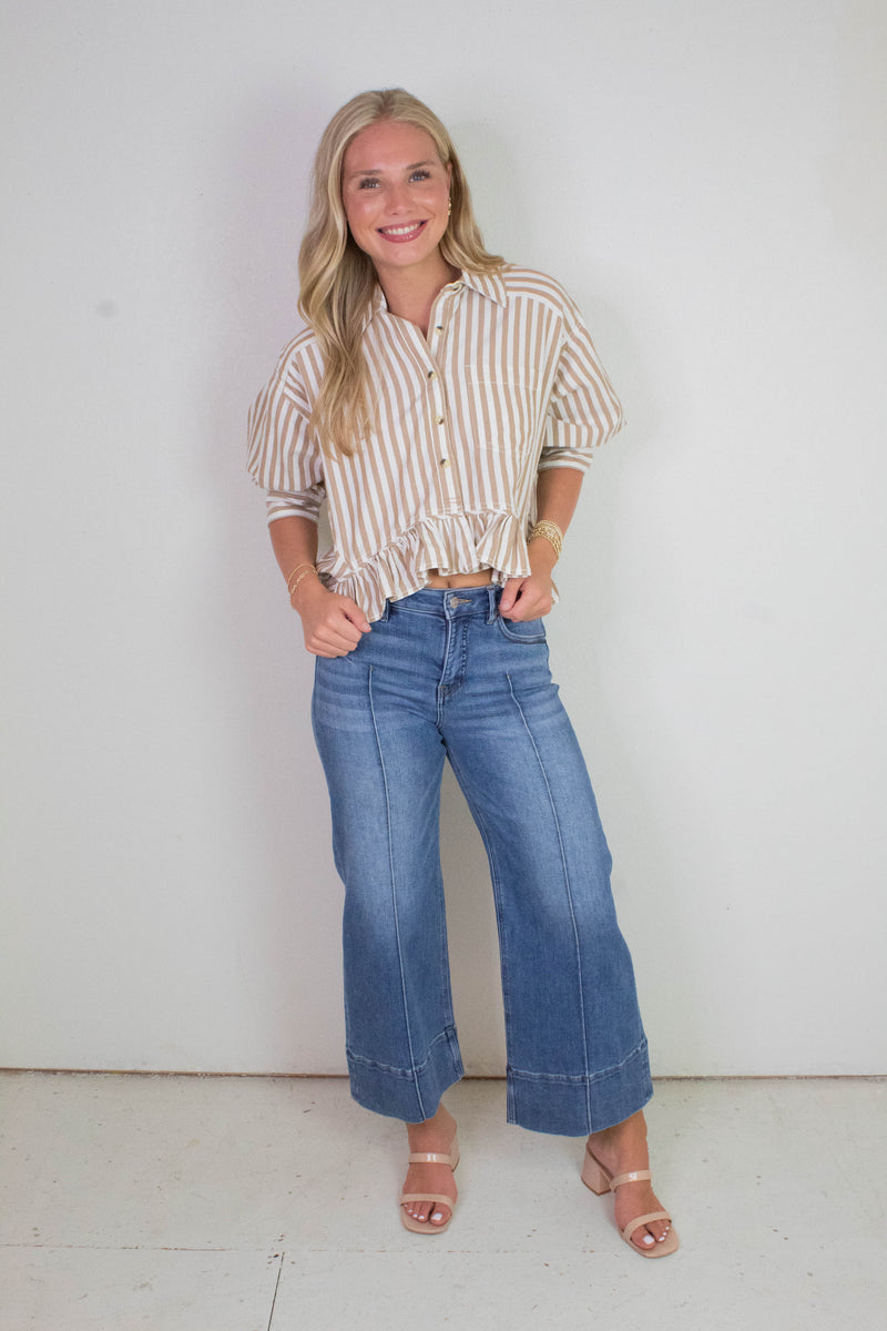 Bailey Stripe Ruffle Hem Shirt, Neutral Combo | Free People