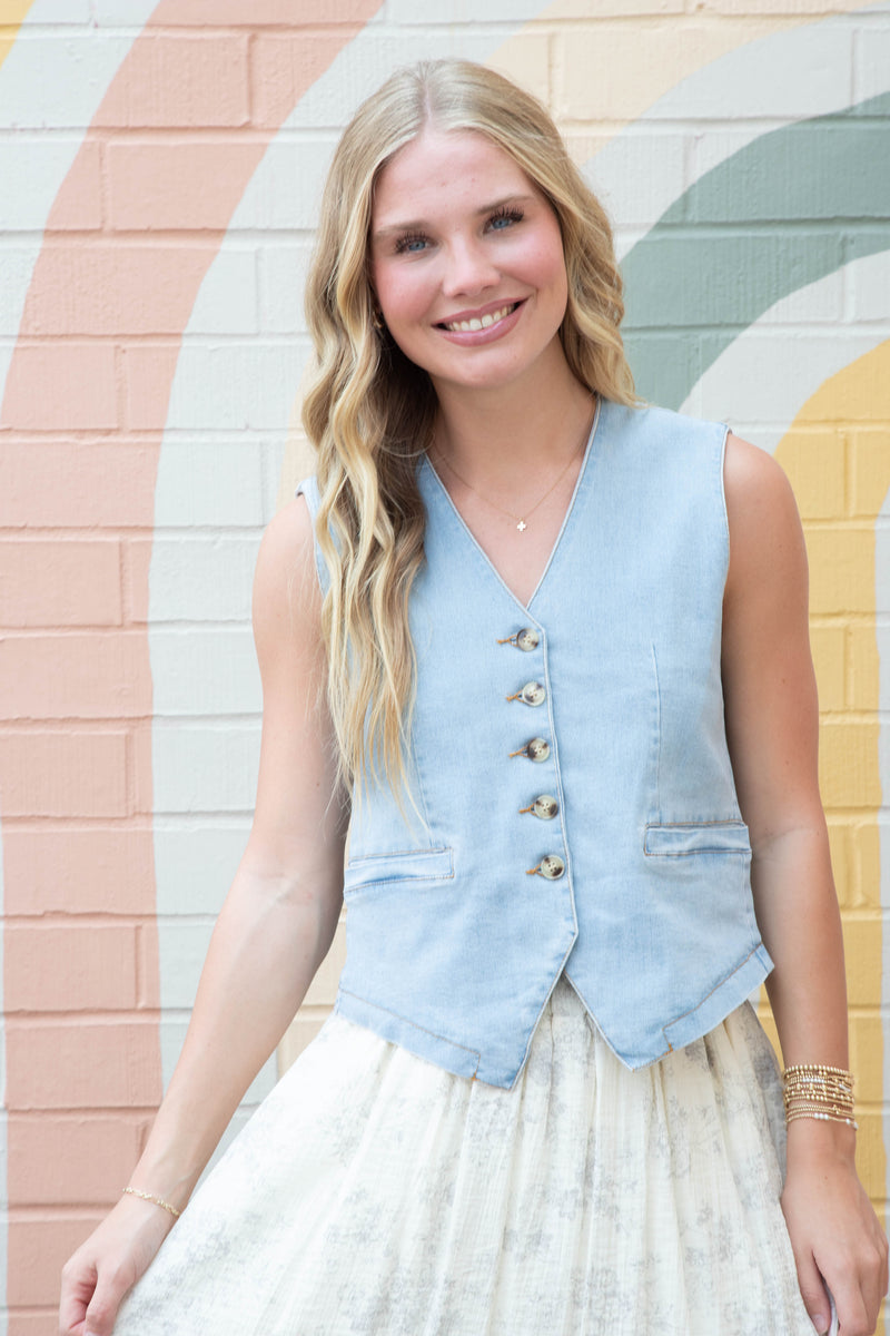 Elliana Denim Button Down Vest, Light Denim