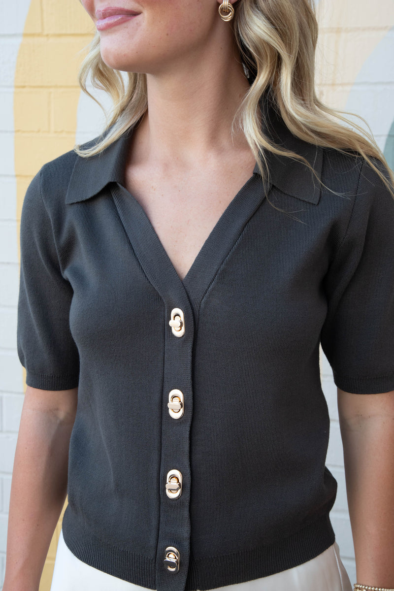 Harlow Gold Twist Lock Button Top, Dark Olive
