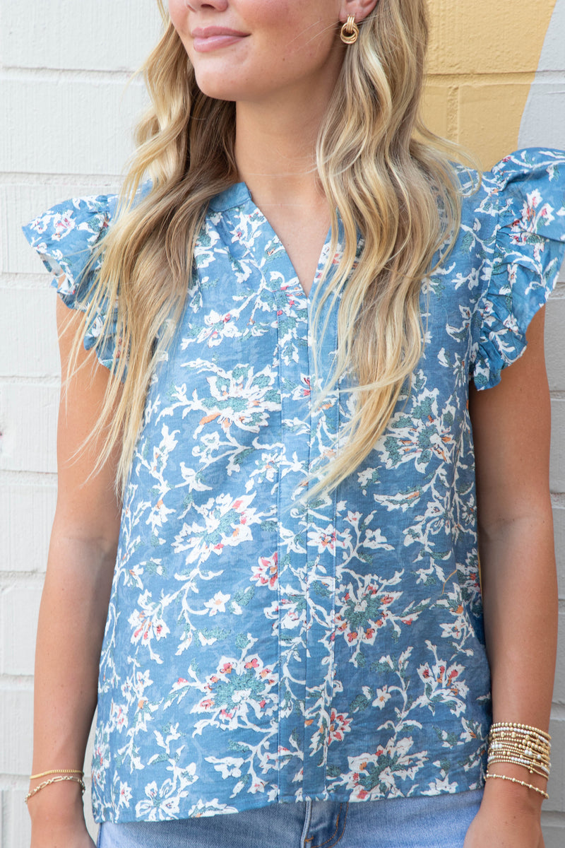 Layla Floral Ruffle Sleeve Blouse, Denim Blue