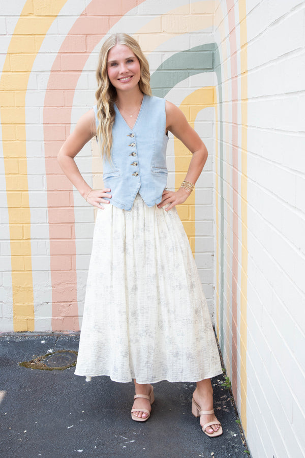 Della Floral Ruffle Waist Midi Skirt, Cream