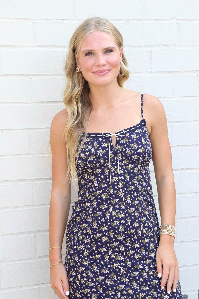 Angela Floral Lace Trim Midi Dress, Navy Multi North & Main Clothing Company Angela Floral Lace Trim Midi Dress, Navy Multi North & Main Clothing Company