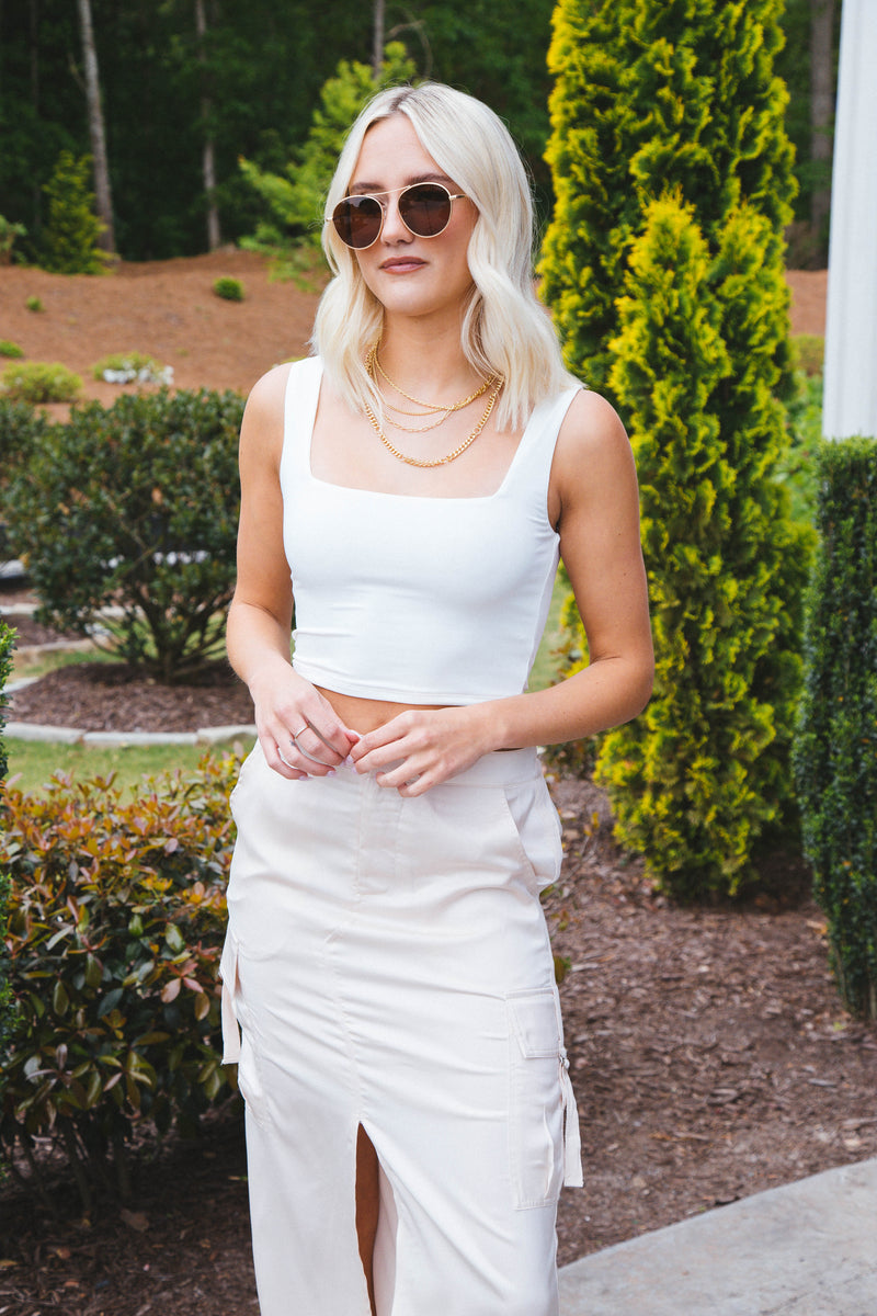 Gemma Satin Cargo Maxi Skirt, Cream