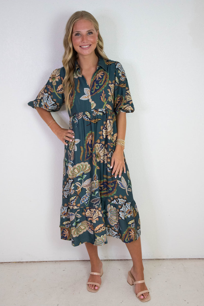 Reese Printed Half Sleeve Midi Dress, Teal